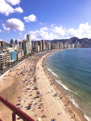 On the beach, sun-loungers