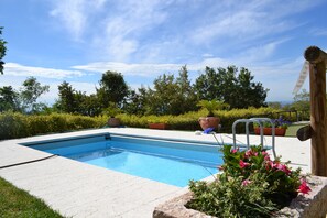 Seasonal outdoor pool, open 9:00 AM to 8:00 PM, pool loungers