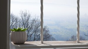 A view through a window with a potted plant on the sill, overlooking a landscape with trees and distant hills. - For those who love to pause in history and stories (Assisi)