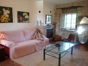 Smart TV, fireplace, books, offices