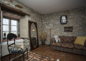 Smart TV, fireplace, books, offices