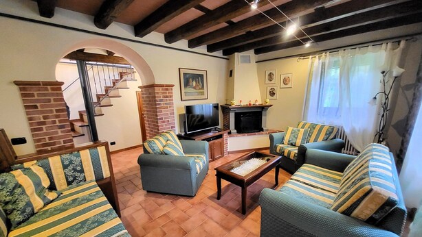 Ein Wohnzimmer mit Kamin, Sofas und Fernseher.