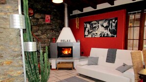 Televisión, chimenea, reproductor de DVD y libros 