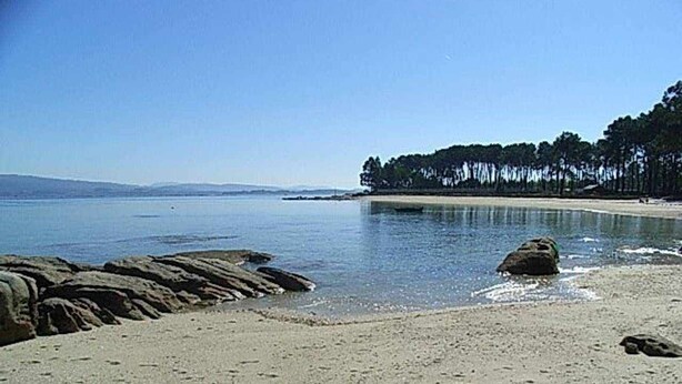 A beach with a rocky shoreline, calm water, and a distant tree line.