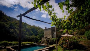 A rustic stone building with a swimming pool, surrounded by lush greenery and a wooden pergola. - Ancient mill in the "green hearth" of Tuscany (Pieve Fosciana)