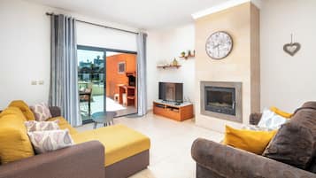 Smart TV, fireplace, DVD player, books