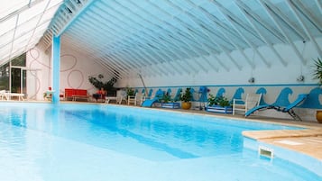 Indoor pool, outdoor pool, pool loungers