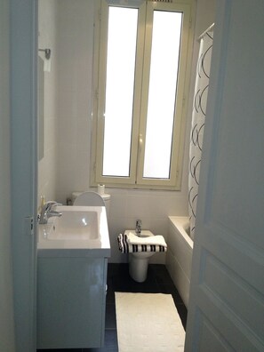 Bathtub, hair dryer, bidet, towels