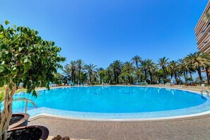 A large, clear blue pool surrounded by palm trees and a building. - Bungalow - Adeje (Adeje)