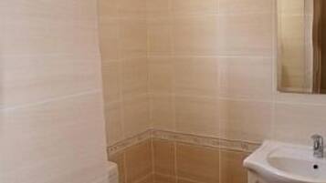 Shower, hair dryer, towels, toilet paper