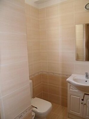 Shower, hair dryer, towels, toilet paper