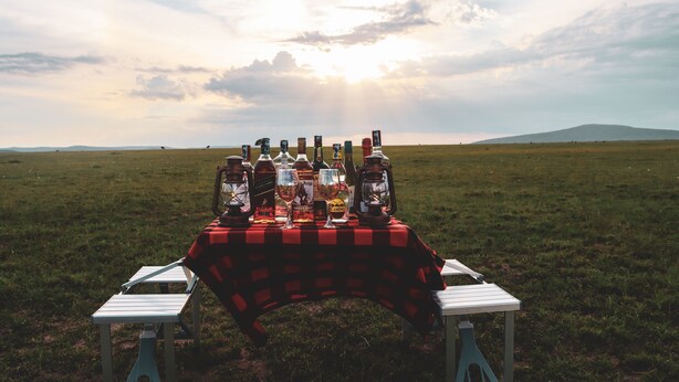 Un montaje para picnic con mantel a cuadros, botellas, copas y un farol en un campo de hierba con una montaña distante bajo un cielo nublado.