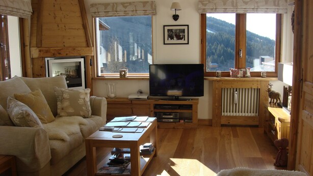 A cozy living room with a sofa, a coffee table, a TV, and a view of a mountainous landscape through large windows.