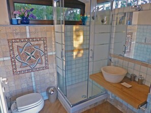 Regadera, secadora de cabello, bidet, toallas