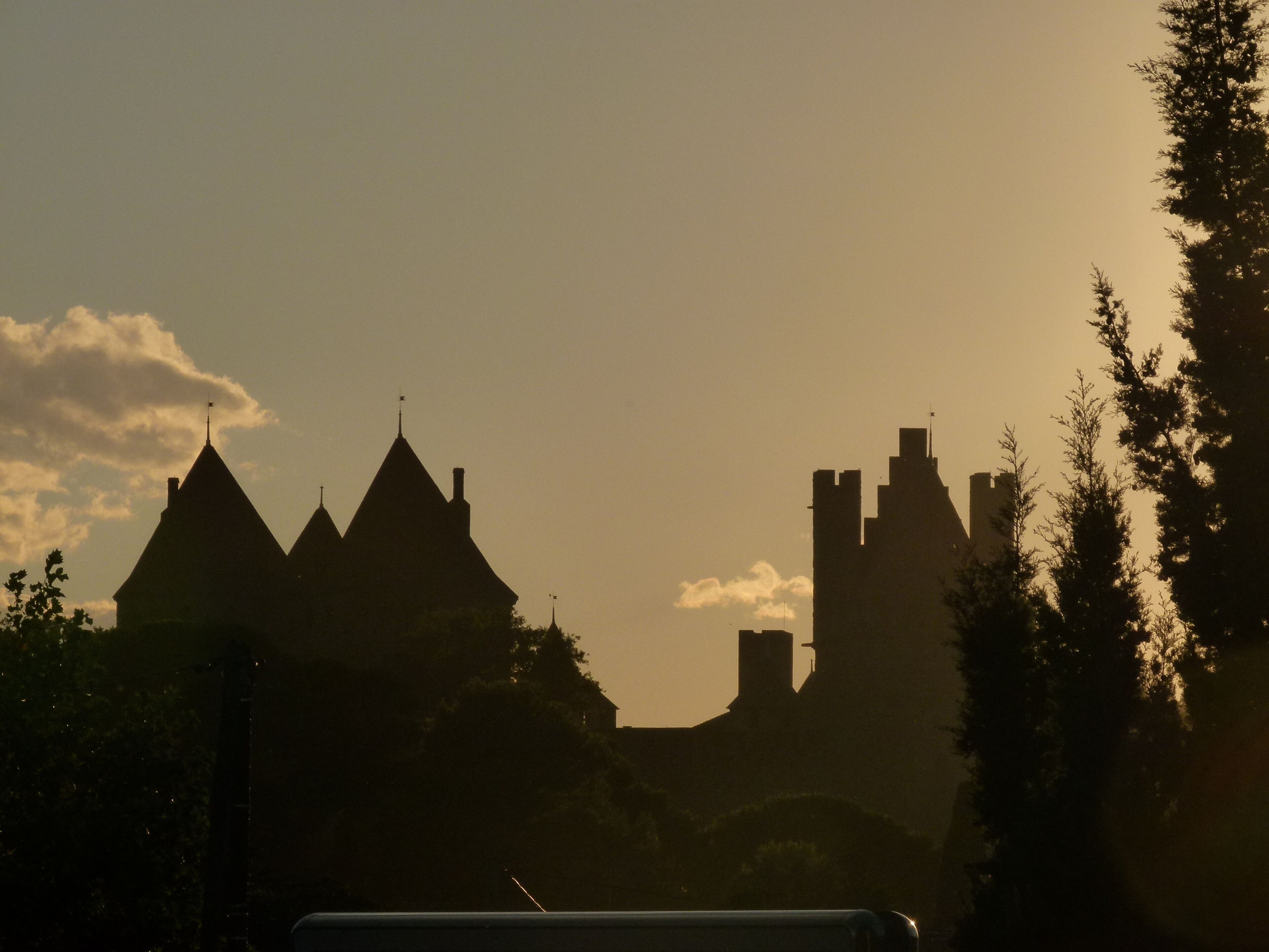Une structure ressemblant à un château, dotée de nombreuses tours et d’une tour centrale imposante, le tout entouré d’arbres.