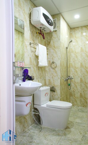 Shower, rainfall showerhead, hair dryer, slippers