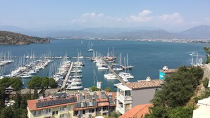 Un puerto deportivo con numerosas embarcaciones amarradas, rodeado de edificios con paneles solares y una vista despejada del mar y montañas distantes.