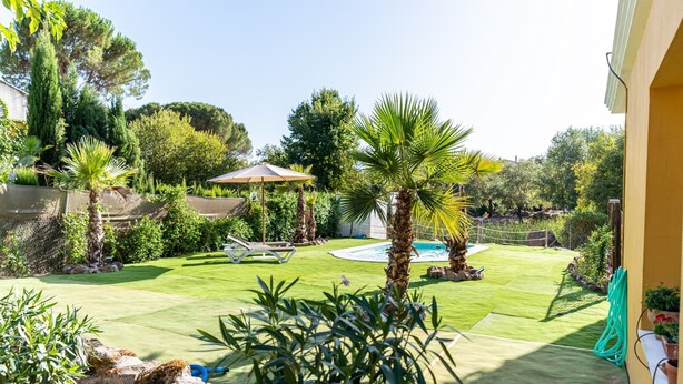Un patio trasero bien cuidado con piscina, césped y diversas plantas.