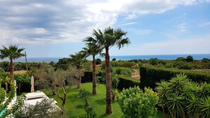 A lush garden with palm trees and a view of the sea. - Villa Gina - Torre San Giovanni with pool 5 minutes from the Maldives of Salento (Ugento)