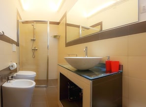Regadera, secadora de cabello, bidet, toallas