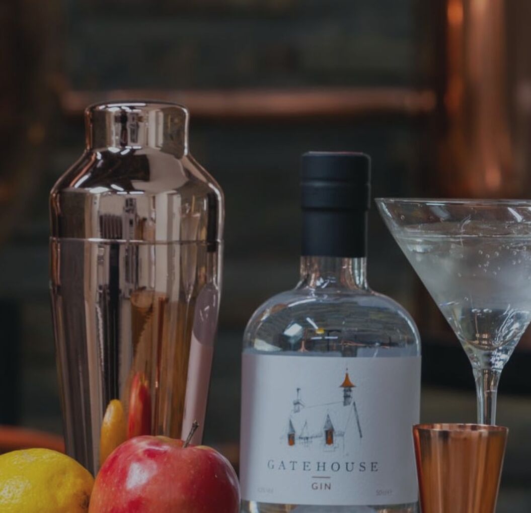 Une bouteille de gin Gatehouse, un verre à martini, un shaker à cocktails et quelques fruits.