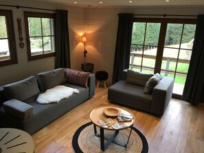 Smart TV, fireplace, DVD player, video library