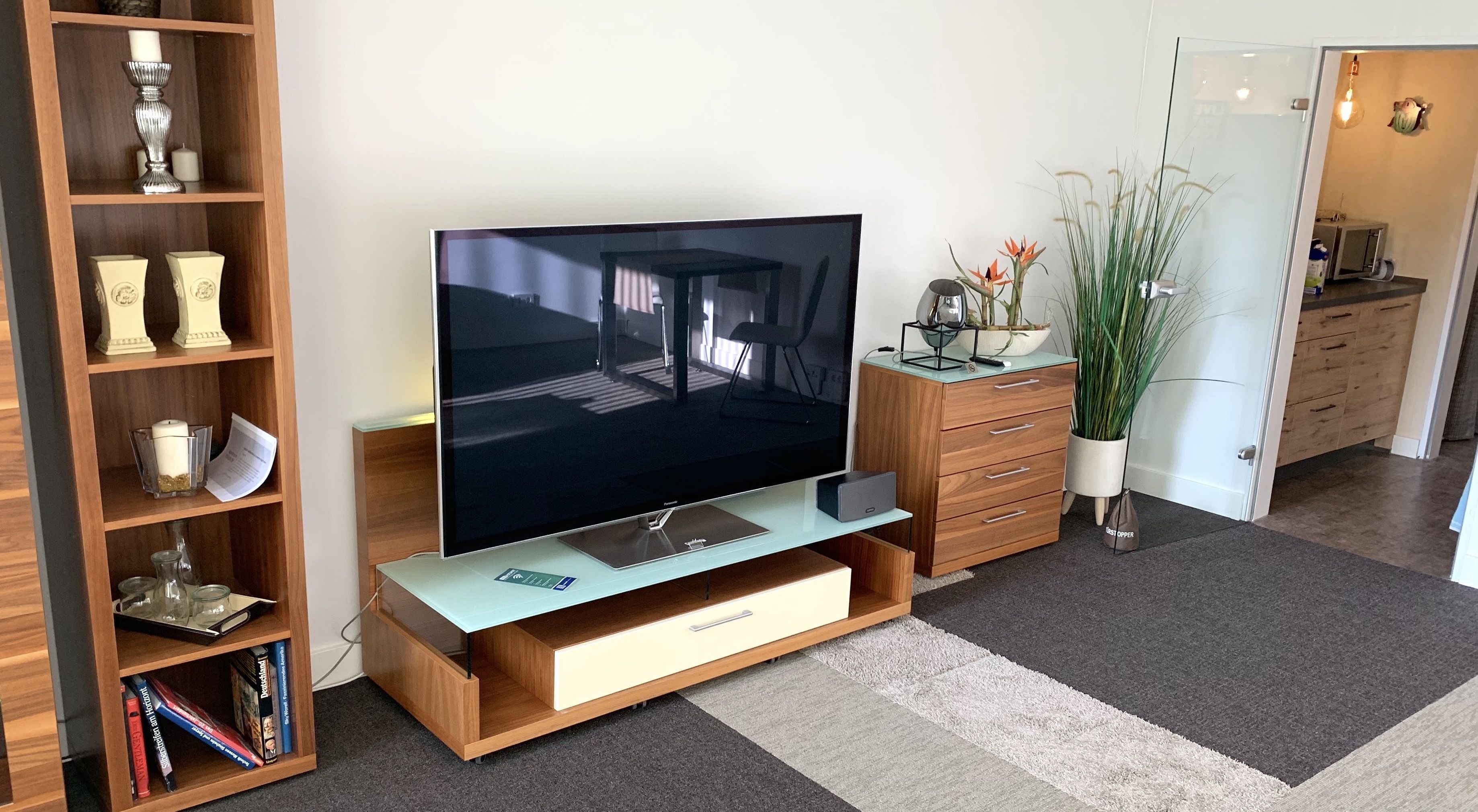 A modern living room with a flat-screen TV on a wooden stand, a bookshelf, a small cabinet, and a potted plant.