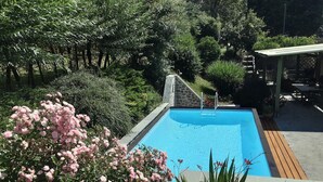 A rectangular swimming pool surrounded by lush greenery and flowering plants. -  Villa with own pool, mountain village with restaurant and shop. North of Lucca (Pieve Fosciana)