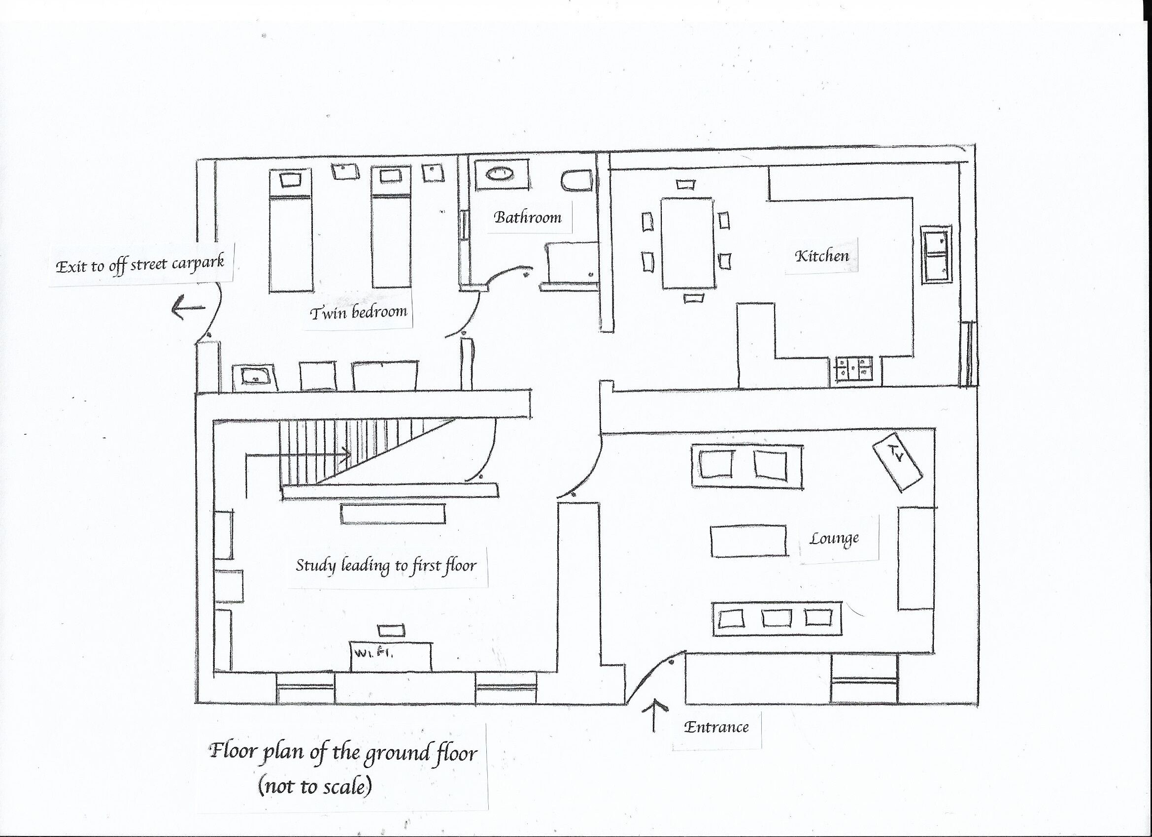 A floor plan of a building with a twin bedroom, bathroom, kitchen, lounge, and an entrance.