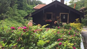 A rustic wooden house with a sloped roof, surrounded by lush greenery and vibrant flowers. - Klein Bullerbü im Alpbachtal Tegernsee (Tegernsee)