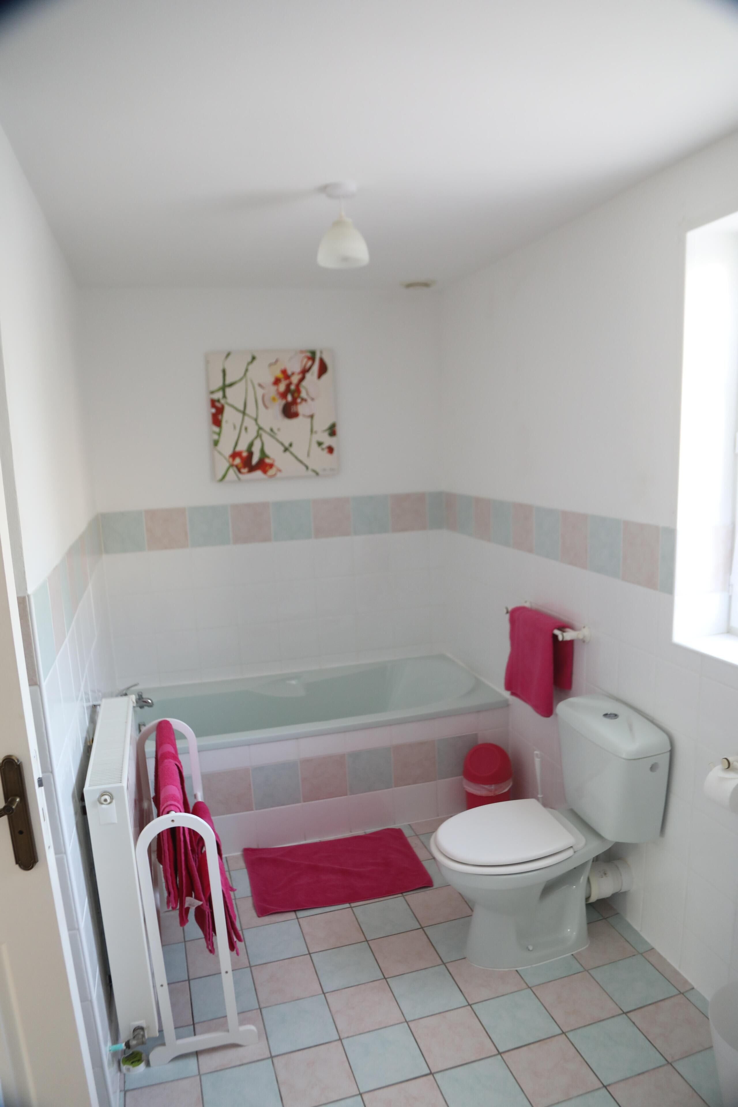 Ein Badezimmer mit Badewanne, Toilette und Duschbereich. Ein pinkfarbener Handtuchhalter und eine rote Matte liegen auf dem Boden.