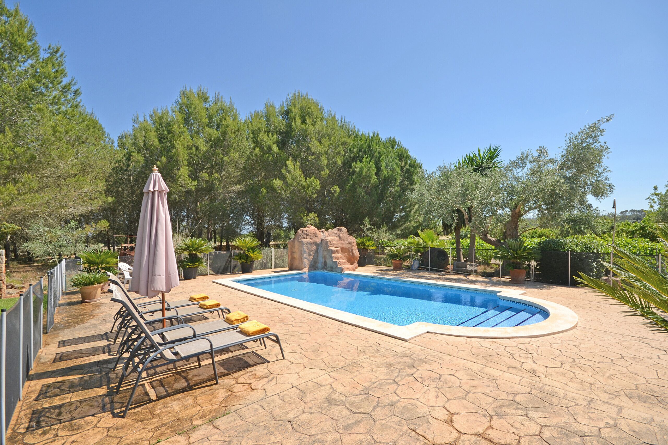 A swimming pool with lounge chairs and a rock feature.