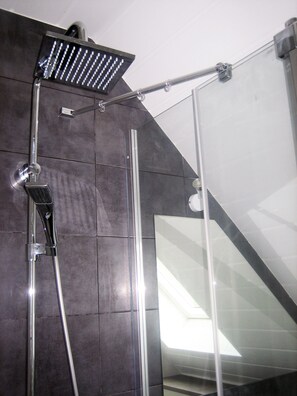 Regadera, secadora de cabello, toallas, papel de baño 