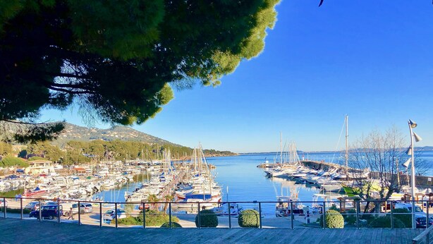 A marina with numerous boats docked, a clear sky, and a hilly landscape in the background.