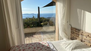 A bedroom with a bed, a view of the sea, and a balcony with plants.