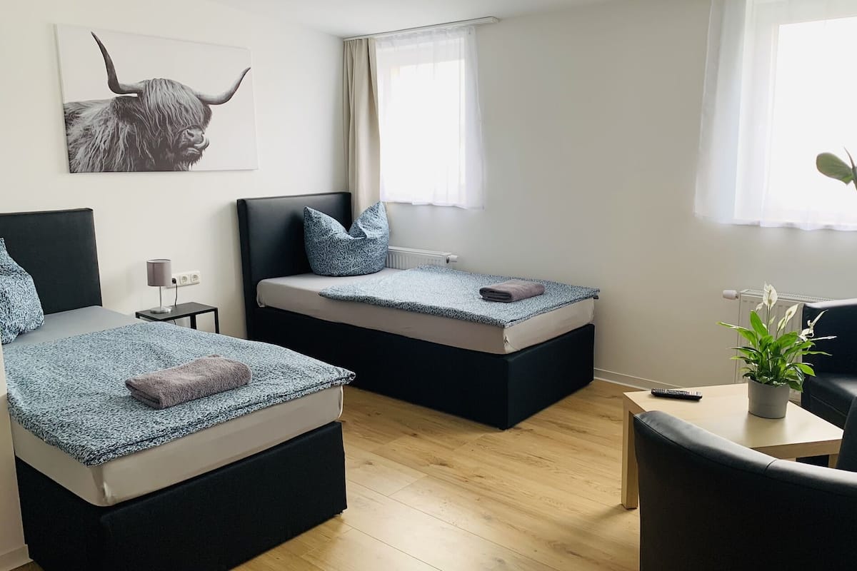 A modern bedroom with two beds, a small table, a chair, and a potted plant.