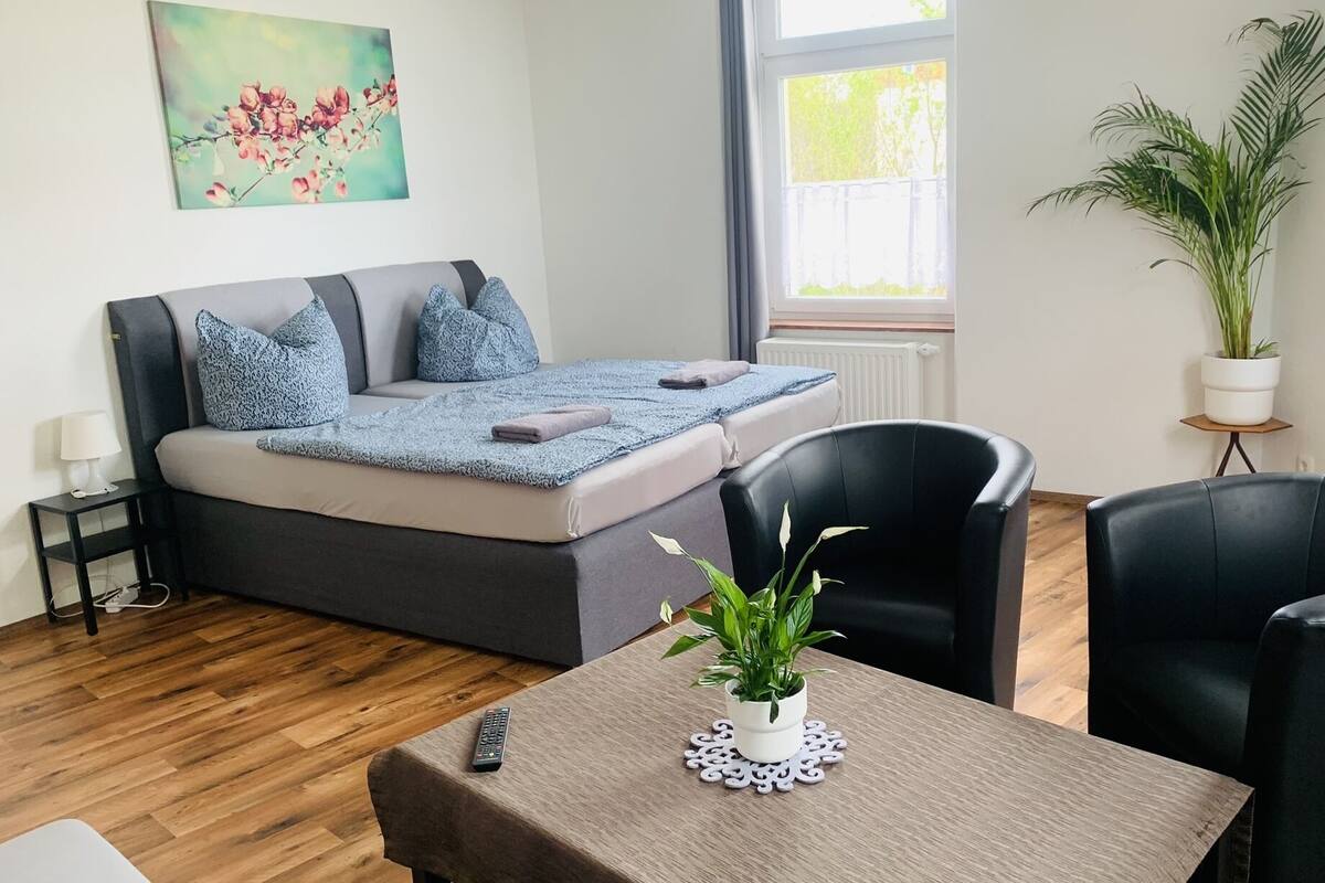 A modern bedroom with a sofa bed, two black chairs, a small table with a plant, a painting on the wall, and a window with a view.
