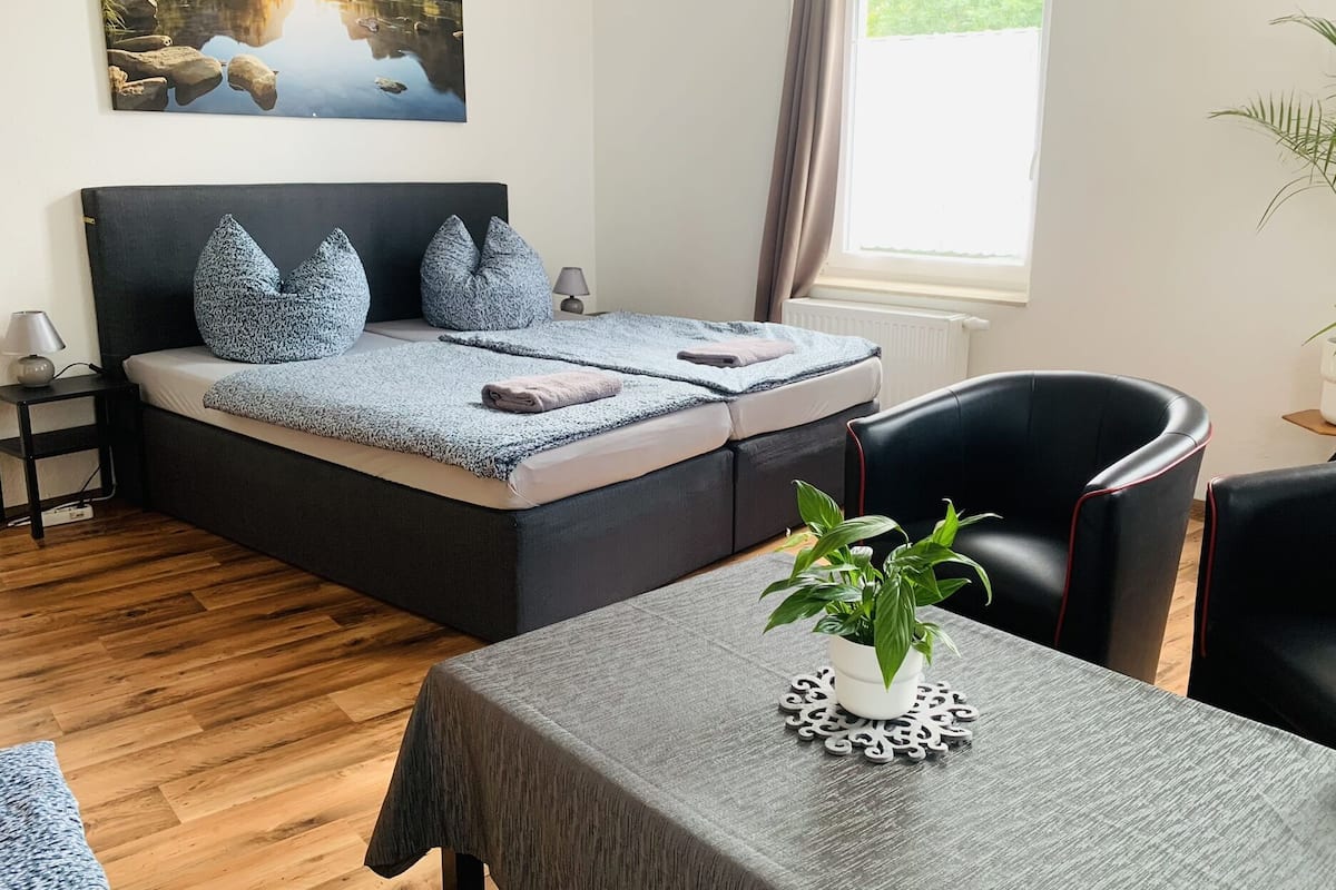 A modern bedroom with a sofa bed, a dining table with a plant, and a black chair.