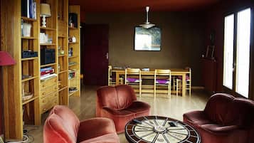 TV, lareira, livros, aparelho de som