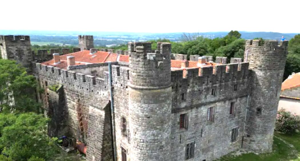 A medieval castle with a red-tiled roof, multiple towers, and a surrounding moat.