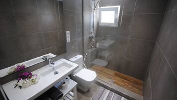 Bathtub, hair dryer, towels, toilet paper