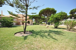 Surrounded by lush trees, this serene outdoor space offers a peaceful retreat.
