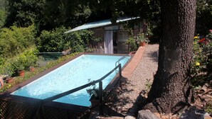 A rectangular swimming pool with a glass bottom, surrounded by a wooden deck and stone pathway. - Beautiful stone house with garden and private pool. (Sovicille - Siena)