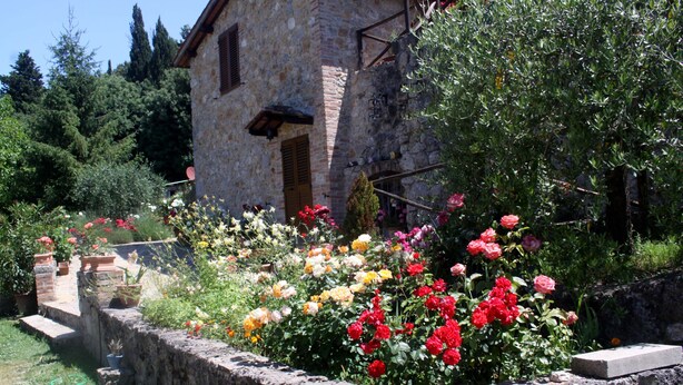 A stone building with a garden featuring a variety of colorful flowers. - Beautiful stone house with garden and private pool. (Sovicille - Siena)