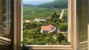 Una habitación con un amplio ventanal que da a un paisaje verde con campos y un edificio de techo rojo.