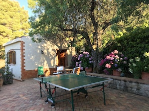 Mesa de ping pong al aire libre ubicada en un jardín con piso de ladrillo, rodeada de macetas y un pequeño edificio con ventana.