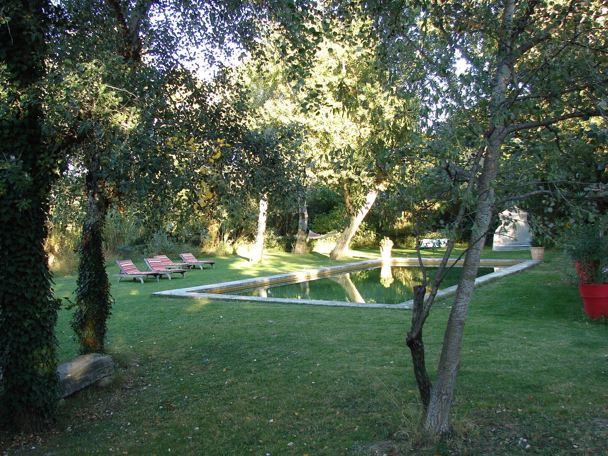 A garden with a pool, lounge chairs, and a statue.