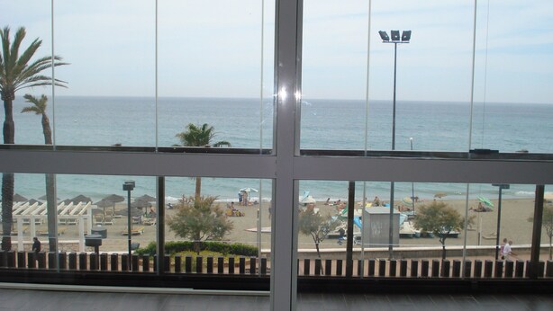 A view through large windows of a beach with palm trees, beach chairs, umbrellas, and a clear sky. - Whim Apartment. Front line beach, 2 bedrooms, 2 bath, Spa. Wifi. English TV (Fuengirola)