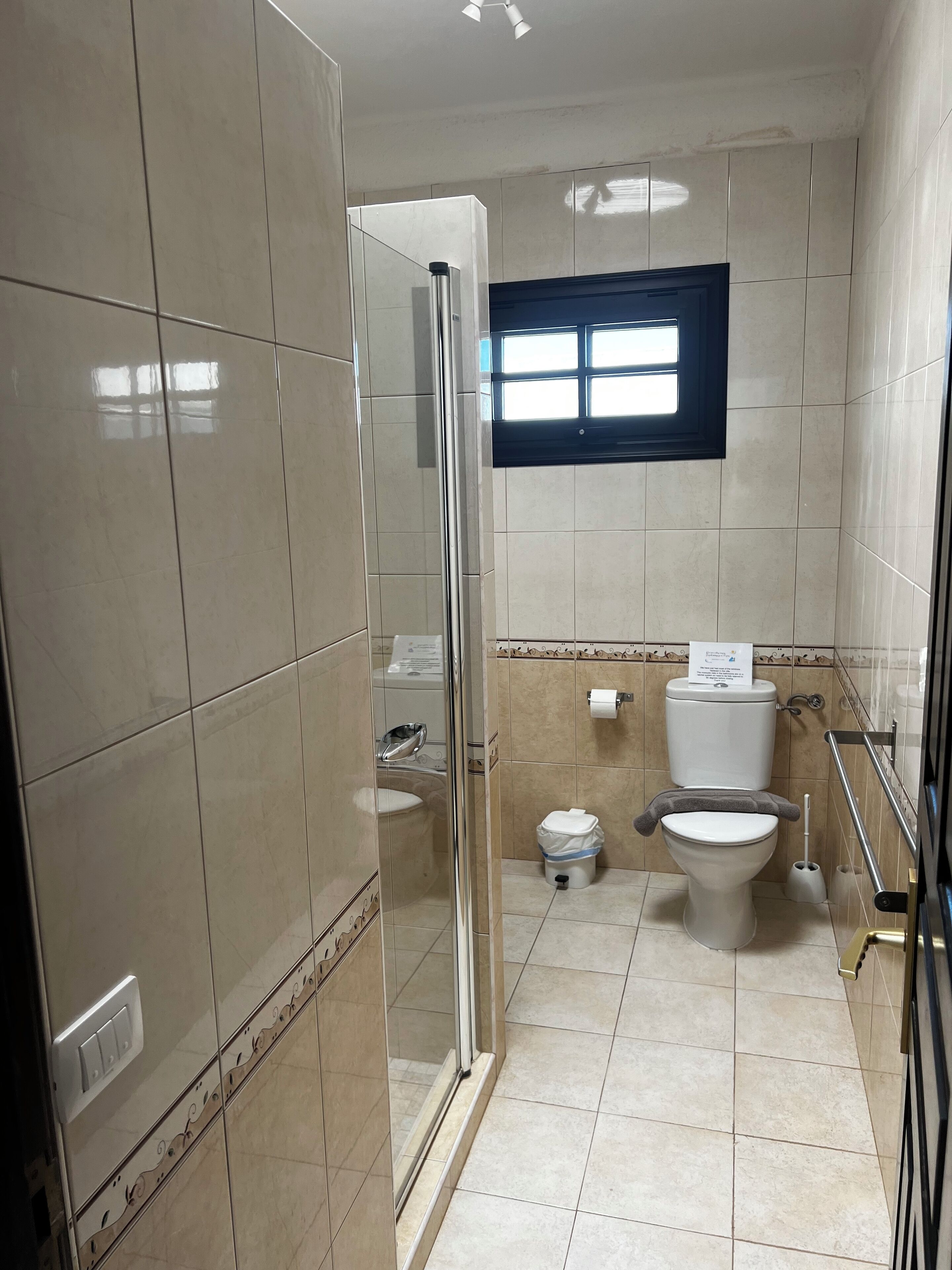A bathroom with a glass shower enclosure, two toilets, a window, and a handrail.