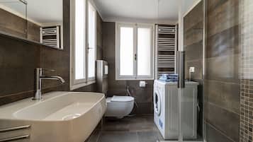 Shower, hair dryer, bidet, towels